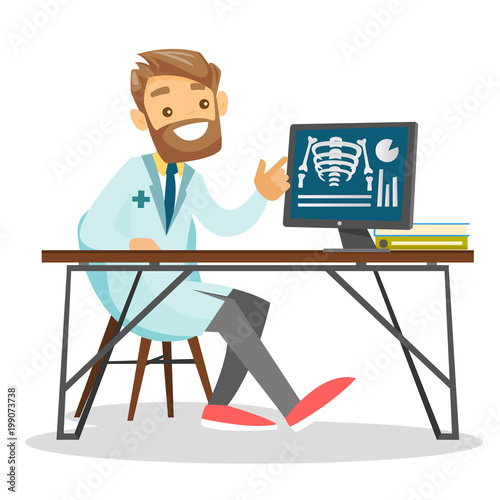Caucasian white radiologist doctor in medical gown examining a skeleton radiograph. Medic looking at a chest radiograph on a computer screen. Vector cartoon illustration isolated on white background.