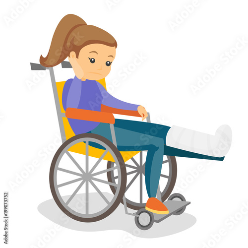 Young sad caucasian white woman sitting in a wheelchair with broken leg in gypsum
