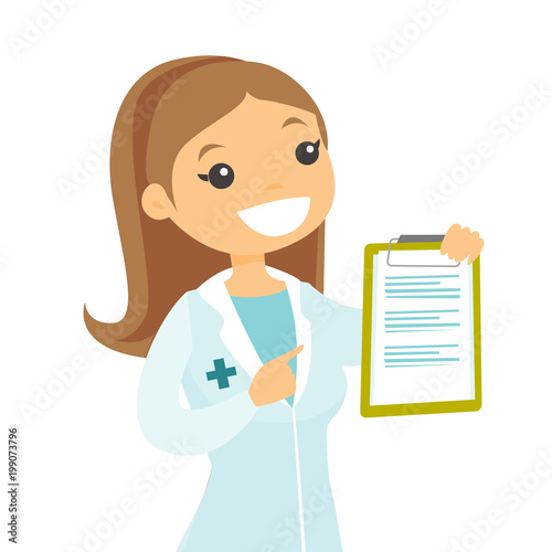Caucasian white doctor showing a clipboard with patient records. Doctor in medical gown holding a clipboard with prescription. Vector cartoon illustration isolated on white background. Square layout.