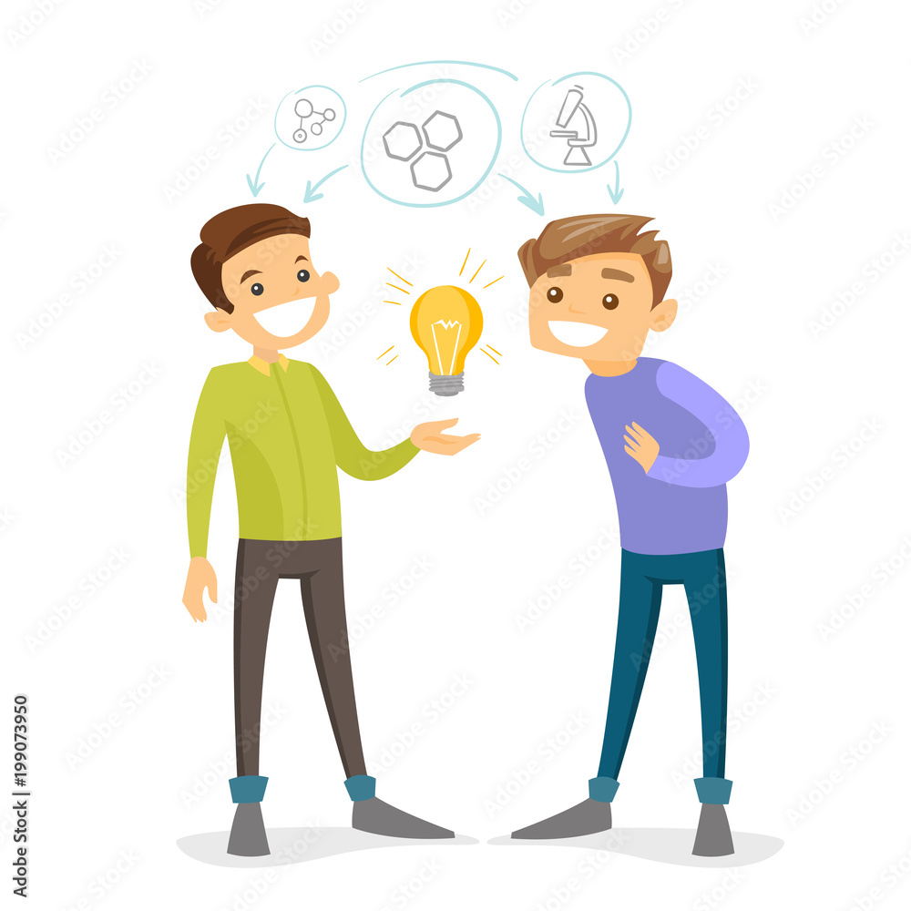 Two caucasian white students studying together. Students sharing with the ideas during brainstorming. Concept of study, teamwork, education. Vector cartoon illustration isolated on white background. Two caucasian white students studying together. Students sharing with the ideas during brainstorming. Concept of study, teamwork, education. Vector cartoon illustration isolated on white background.
