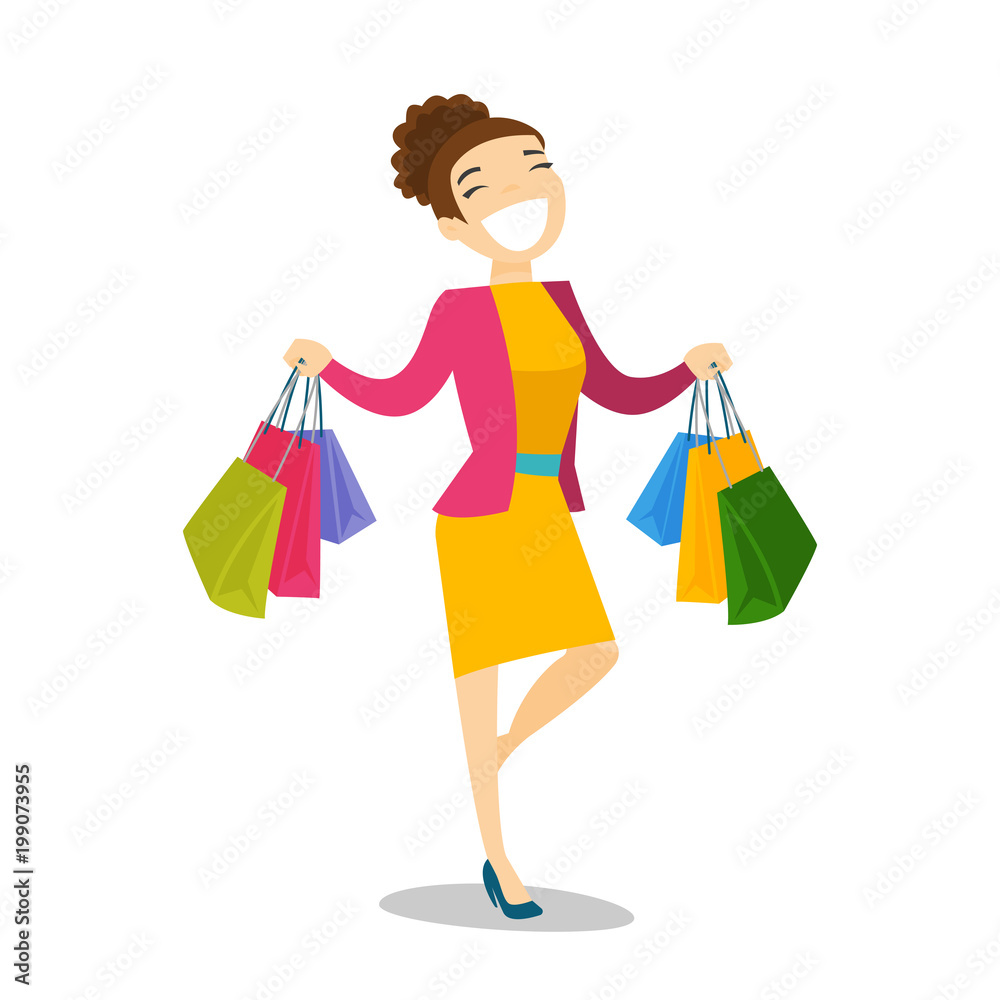 Happy caucasian white woman carrying shopping bags. Young woman holding a  lot of shopping bags. Girl showing her purchases. Vector cartoon  illustration isolated on white background. Square layout.  Stock-Vektorgrafik | Adobe Stock