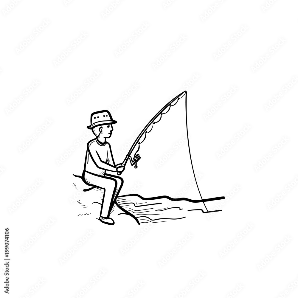Fishing hand drawn outline doodle icon. Man fishing with rod