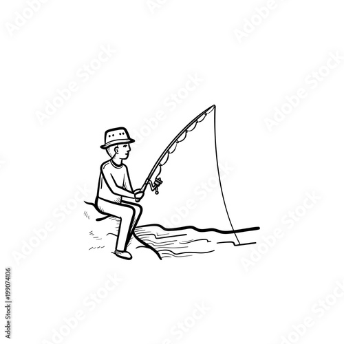 Fishing hand drawn outline doodle icon. Man fishing with rod vector sketch illustration for print, web, mobile and infographics isolated on white background.