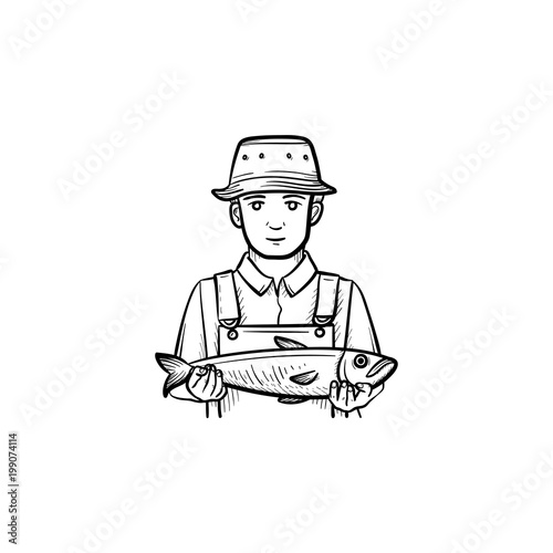 Fisherman hand drawn outline doodle icon. Vector sketch illustration of fisherman holding a big fish for print, web, mobile and infographics isolated on white background.