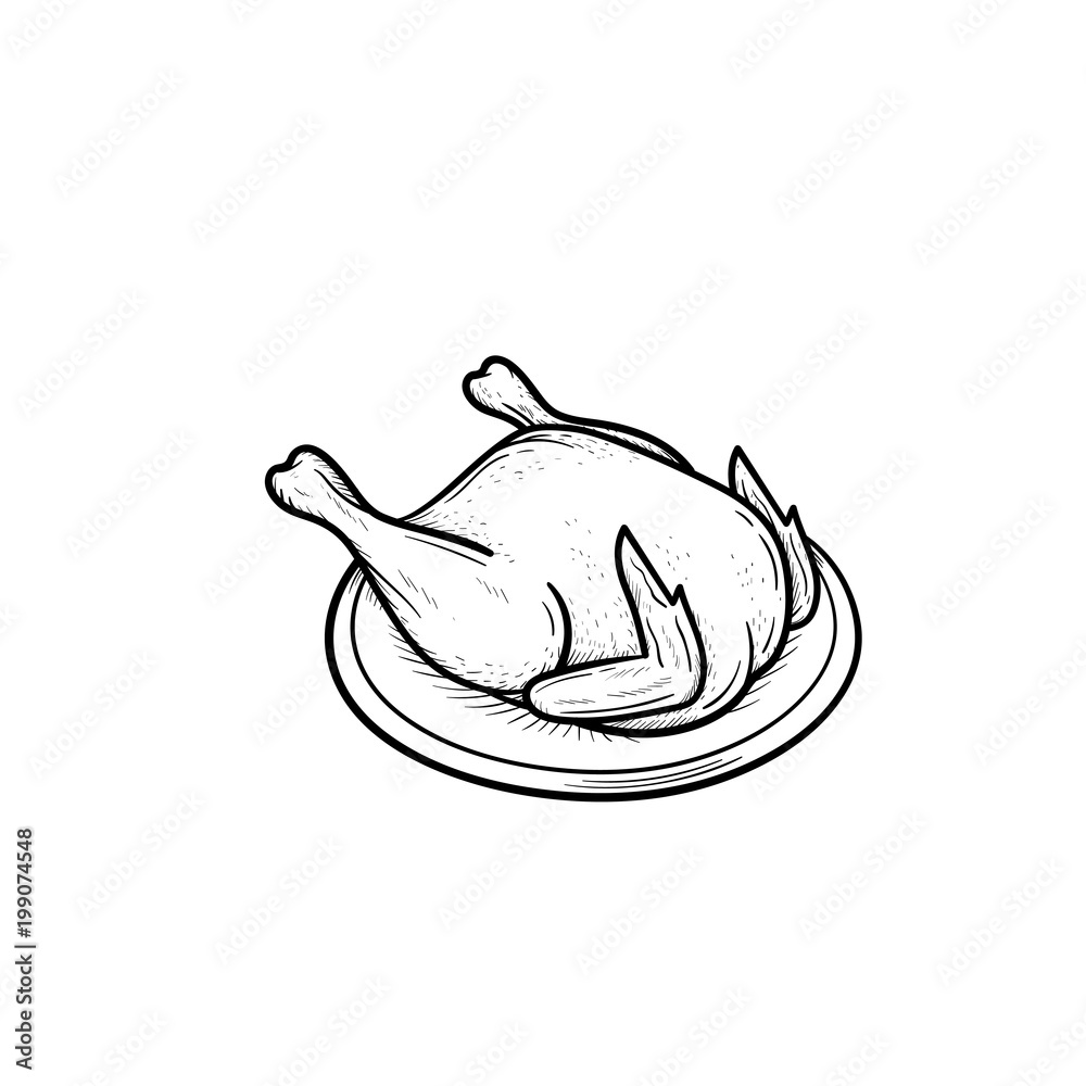 Cooked chicken hand drawn outline doodle icon. Chicken meat for bake and roast vector sketch illustration for print, web, mobile and infographics isolated on white background. Cooked chicken hand drawn outline doodle icon. Chicken meat for bake and roast vector sketch illustration for print, web, mobile and infographics isolated on white background.