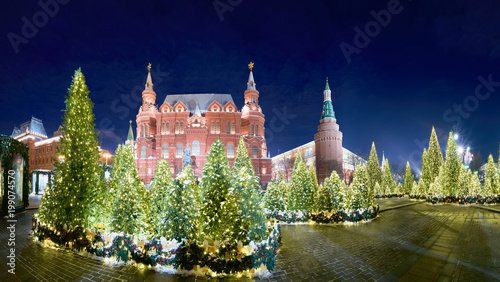 MOSCOW, RUSSIA: State Historical Museum on Red Square in Moscow, Russia at Night in winter.