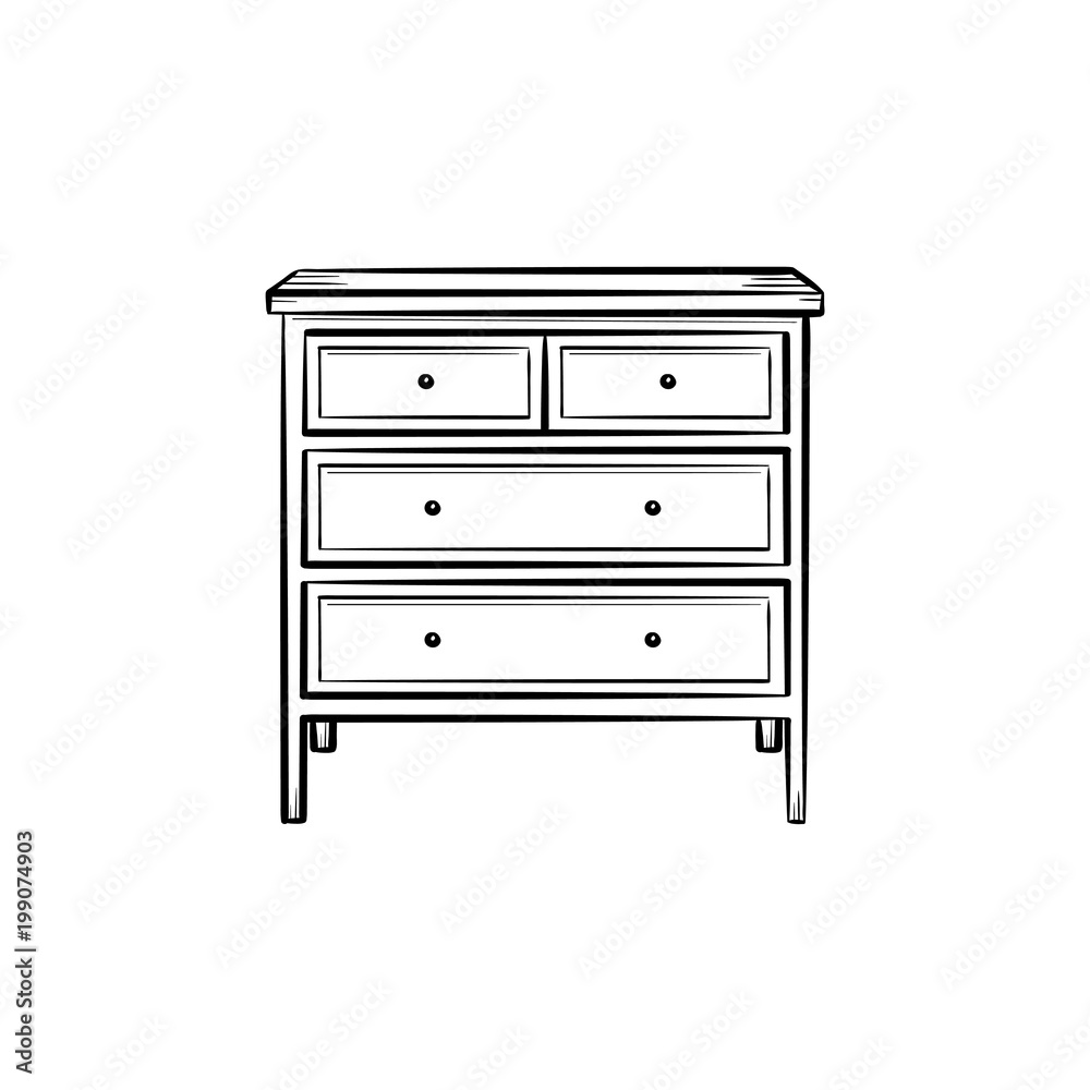 Chest of drawer hand drawn outline doodle icon. Chest of drawer with shelves for clothing vector sketch illustration for print, web, mobile and infographics isolated on white background. Chest of drawer hand drawn outline doodle icon. Chest of drawer with shelves for clothing vector sketch illustration for print, web, mobile and infographics isolated on white background.