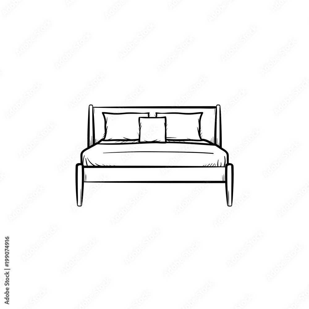 Bed with pillows hand drawn outline doodle icon. Bedroom furniture for sleep - bed with pillows vector sketch illustration for print, web, mobile and infographics isolated on white background.