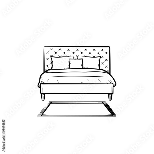 Bed with pillows hand drawn outline doodle icon. Bedroom furniture for sleep - bed with pillows vector sketch illustration for print, web, mobile and infographics isolated on white background.