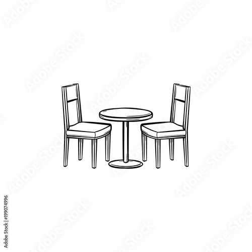 Restaurant furniture hand drawn outline doodle icon. Side view of restaurant furniture - table and chairs vector sketch illustration for print, mobile and infographics isolated on white background.