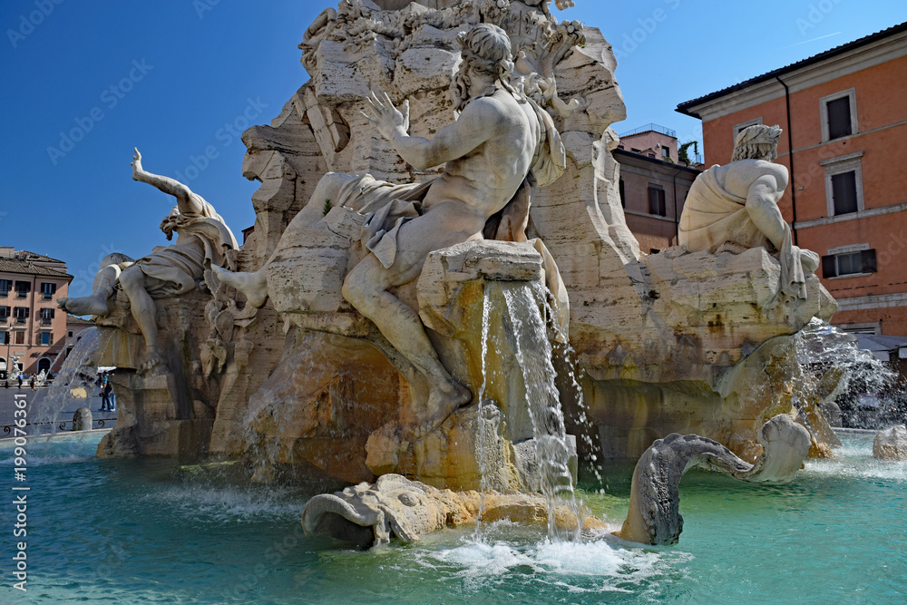 Fountain of the Four Rivers on a crisp summer morning. Piazza Navona, Rome, Italy