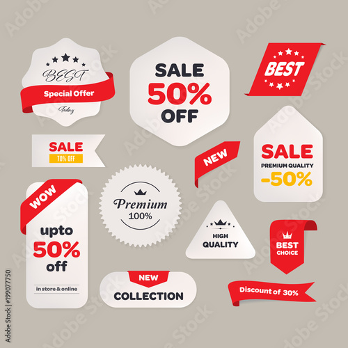 Sale price tag with text banner and label vintage design. Offer promotion sticker.
