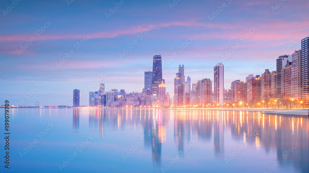 Naklejka premium Downtown Chicago skyline o zachodzie słońca Illinois