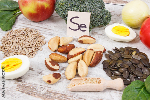 Products and ingredients containing selenium, minerals and dietary fiber, healthy nutrition concept