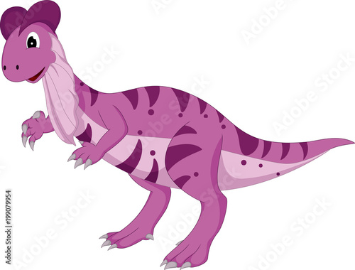 funny purple dinosaur cartoon standing with laugh and waving
