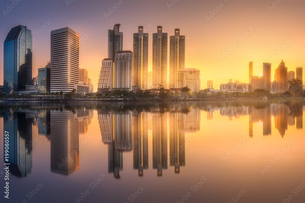 Skyline at lake in Benjakitti park Bangkok