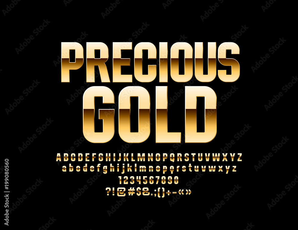 Vector glossy Precious Gold Font. Rich Alphabet Letters, Numbers and Symbols.