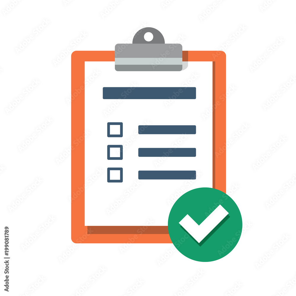 Checklist, clipboard. Vector icon, flat illustration. Paper, green check, office document, orange board, trendy, modern sign design for website, UI, web, mobile app Checklist, clipboard. Vector icon, flat illustration. Paper, green check, office document, orange board, trendy, modern sign design for website, UI, web, mobile app