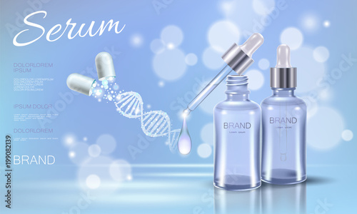 Realistic 3D innovation cosmetic DNA helix light package makeup face care blue sky glowing blur drug capsule medicine center vector illustration