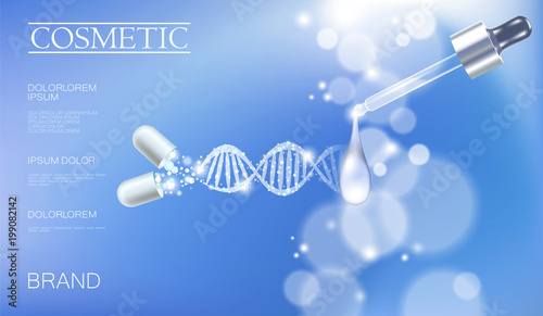 Realistic 3D innovation cosmetic DNA helix light package makeup face care blue sky glowing blur drug capsule medicine center vector illustration