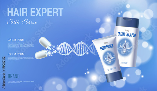 Realistic 3D innovation cosmetic DNA helix light hair care shampoo conditioner blue sky glowing blur medicine center vector illustration