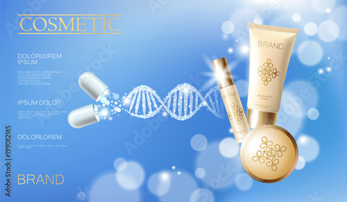 Realistic 3D innovation cosmetic DNA helix golden package makeup face care blue sky glowing blur drug capsule medicine center vector illustration