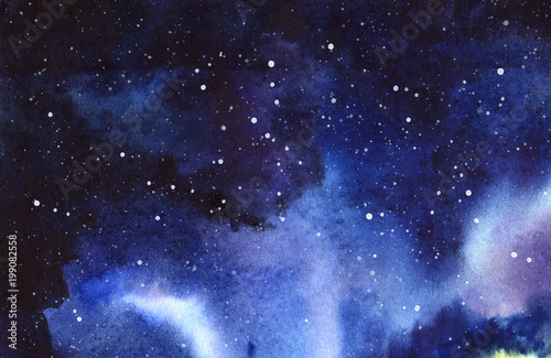 Night starry sky. Hand drawn on a wet paper real watercolor Illustration.