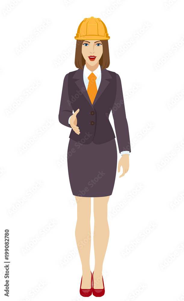 Businesswoman in construction helmet gives a hand for a handshake Businesswoman in construction helmet gives a hand for a handshake
