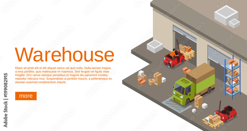 Warehouse isometric 3D vector illustration of storehouse and logistics transport for web site or infographics template. Isometric design of warehouse, forklift loaders trucks with parcels Warehouse isometric 3D vector illustration of storehouse and logistics transport for web site or infographics template. Isometric design of warehouse, forklift loaders trucks with parcels