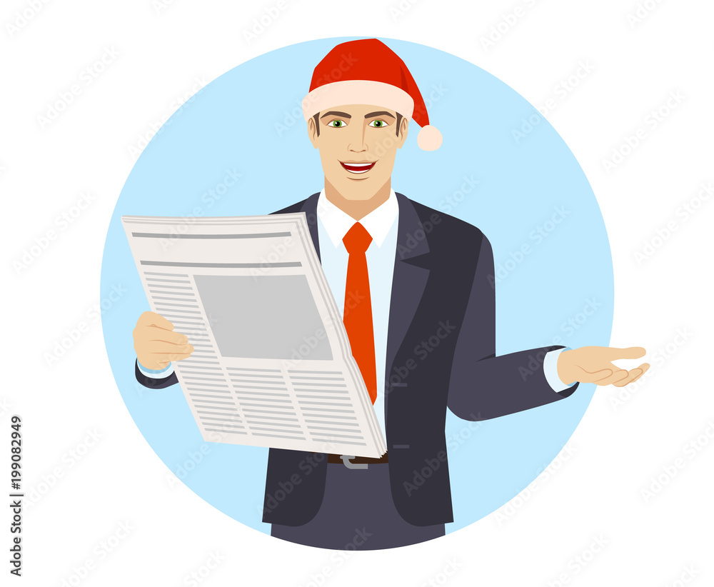 Businessman in Santa hat with newspaper gesturing Businessman in Santa hat with newspaper gesturing