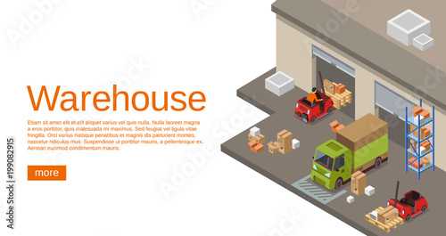 Warehouse isometric 3D vector illustration of storehouse and logistics transport for web site or infographics template. Isometric design of warehouse, forklift loaders trucks with parcels