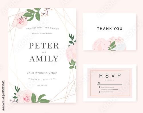 wedding invitation card with golden rose.