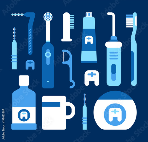blue dental object icons vector flat design illustration set 