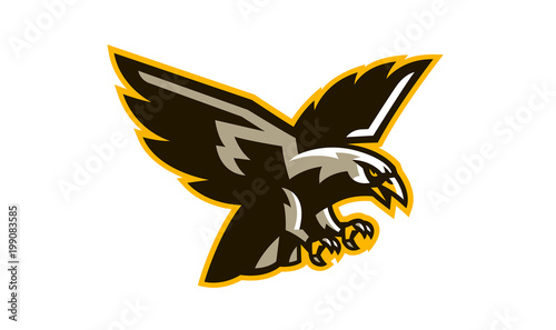 The logo of a flying hawk. A dangerous predator, an animal, a bird, a mascot of a sports club. Vector illustration
