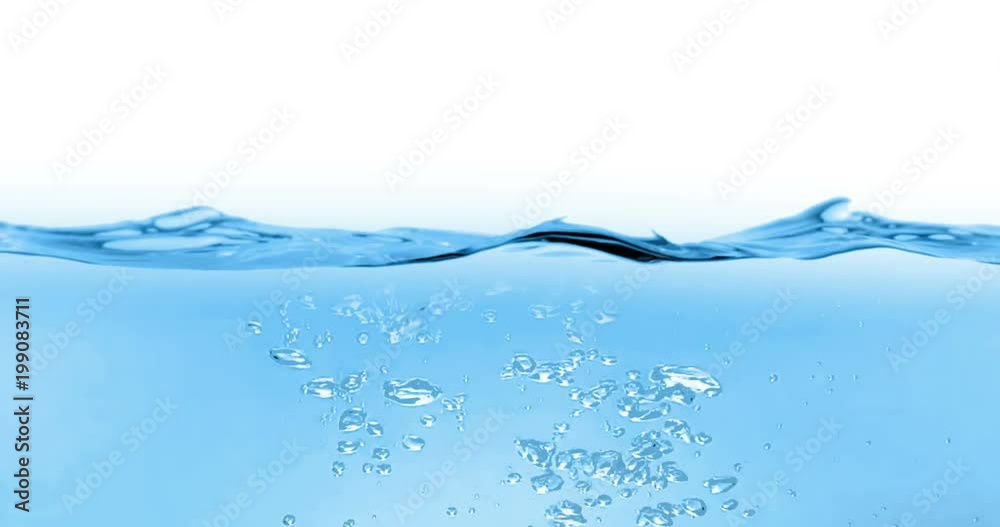 blue wave water with bubbles in tank on white background, slow motion movement