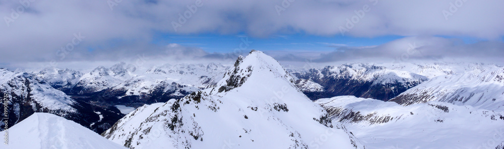 panorama winter mountain landscape with peaks and the lakes near St. Moritz in the background