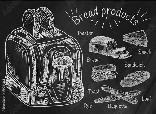 Chalk drawing bread products. Best choice for breakfast. Toaster and  breadon the chalkboard background Stock Vector | Adobe Stock