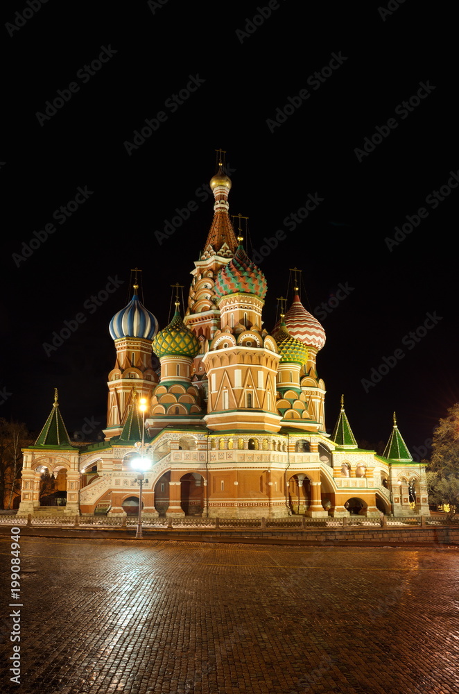 Cathedral of the Intercession of the blessed virgin, that on the Moat (St. Basil's Cathedral) in the winter evening. Red square in Moscow, Russia