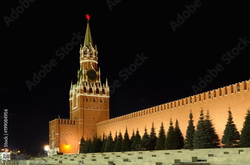 Spasskaya tower of the Moscow Kremlin on the Red square on a winter evening, Moscow, Russia