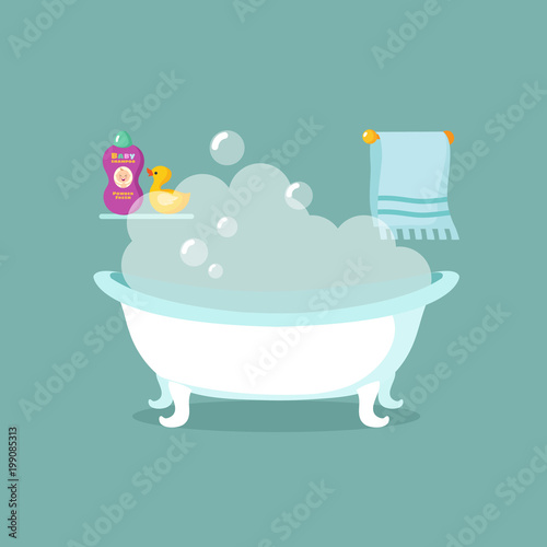 Bathroom cartoon vector interior with bathtub full of foam and shower