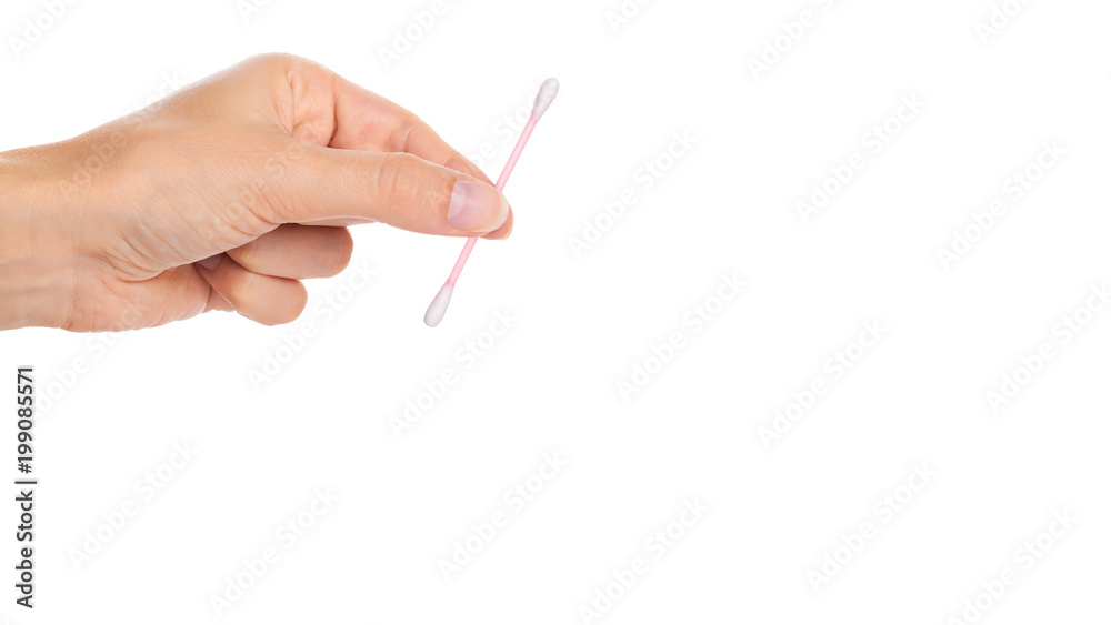 pink ear stick in hand isolated on white background. copy space, template pink ear stick in hand isolated on white background. copy space, template