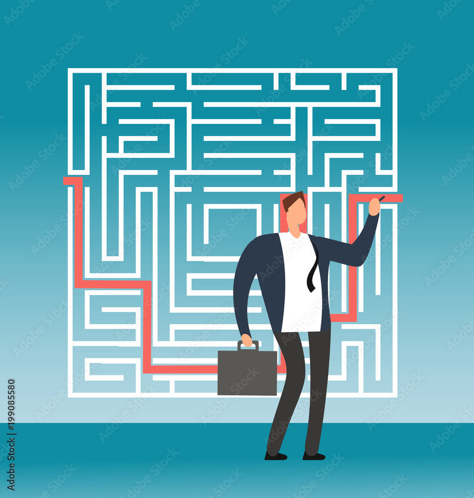 Businessman drawing right path to success in complex maze, labyrinth. Simple solution creative vector concept Businessman drawing right path to success in complex maze, labyrinth. Simple solution creative vector concept