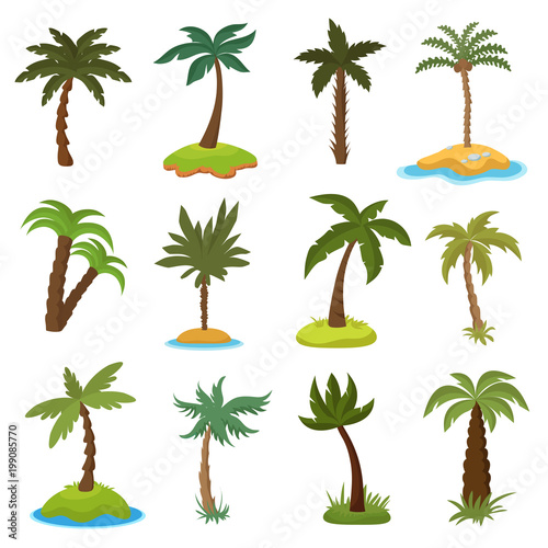 Cartoon palm trees on tropical exotic islands vector set
