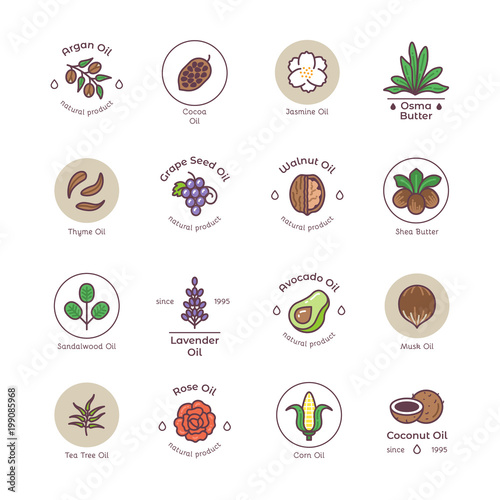 Skincare and beauty organic cosmetics oil vector line emblems and logos
