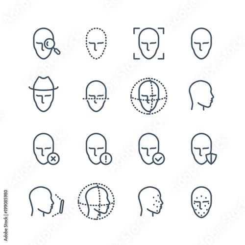 Face recognition line icons. Faces biometrics detection, facial scanning and unlock system vector pictograms