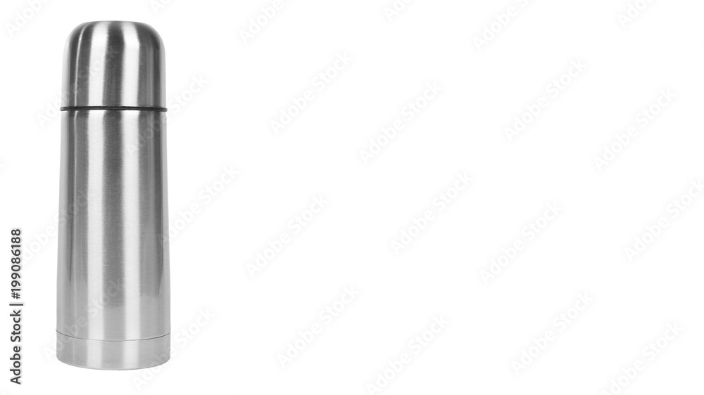 metal thermos for trips isolated on white background. copy space, template metal thermos for trips isolated on white background. copy space, template
