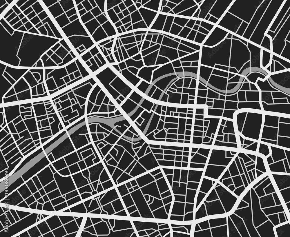Black and white travel city map. Urban transport roads vector cartography background