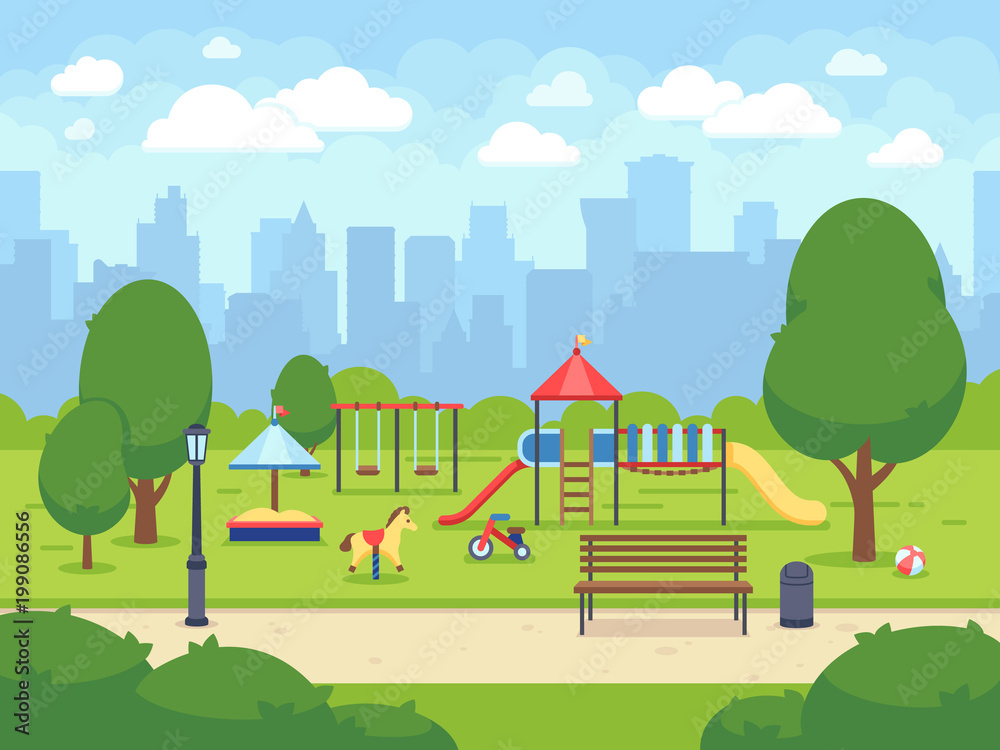 urban-summer-public-garden-with-kids-playground-cartoon-vector-city
