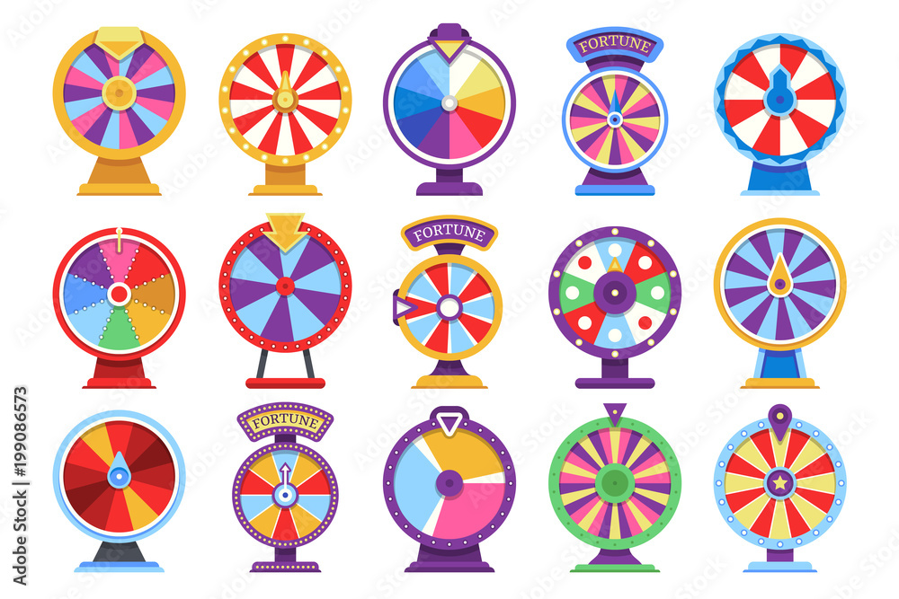 Roulette fortune spinning wheels flat icons casino money games - bankrupt or lucky vector elements - obrazy, fototapety, plakaty 