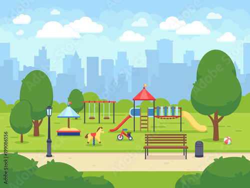 Urban summer public garden with kids playground. Cartoon vector city park with cityscape